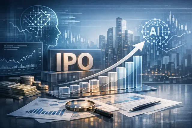 Anthropic IPO concept art showing a stylized AI brain with financial chart lines and a rocket launch representing a record-shattering $2 trillion market debut