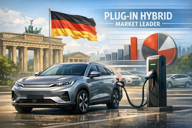 BYD plug-in hybrid vehicle on a German city street, signifying its market leadership.