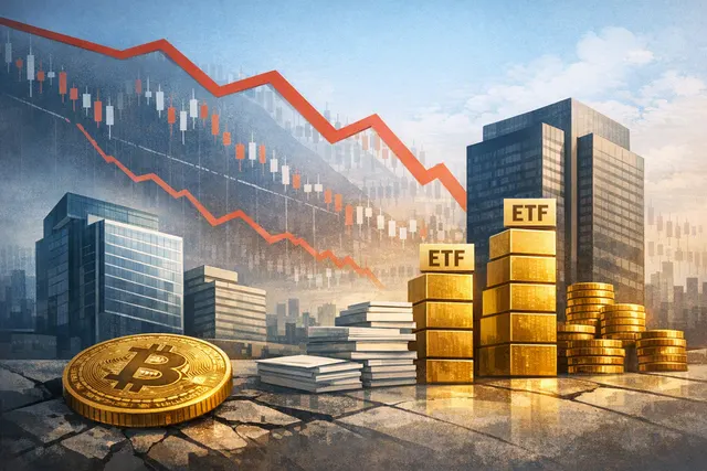 Visual representation of Wall Street banks increasing crypto ETF holdings during a market downturn, featuring Bitcoin, Ethereum, XRP, and Solana symbols on a financial chart
