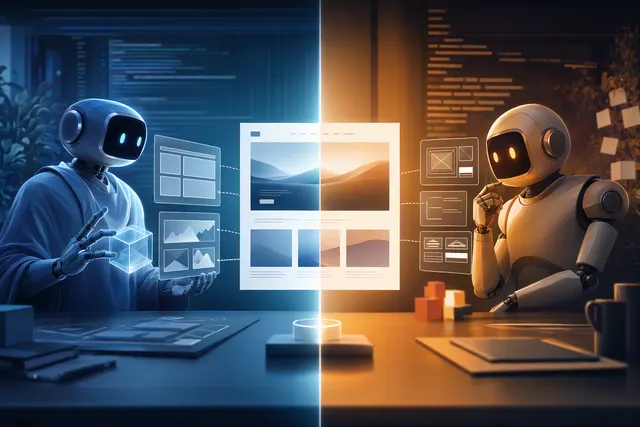 Editorial illustration comparing Claude Code and Codex for UI design and Figma-to-code workflows
