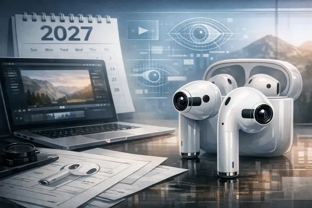 Editorial illustration of rumored Apple AirPods with outward-facing cameras and Siri visual intelligence