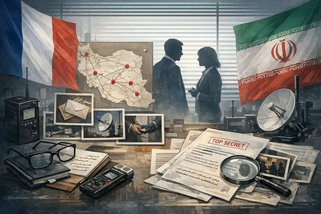 Illustration of a tense diplomatic standoff between Iran and France featuring a document with a wax seal, a French flag, and a dim Tehran street scene