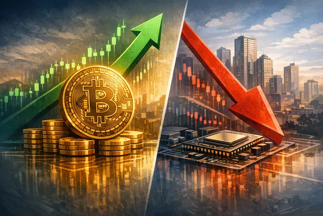 Editorial illustration of Bitcoin holding steady as stock and semiconductor markets decline