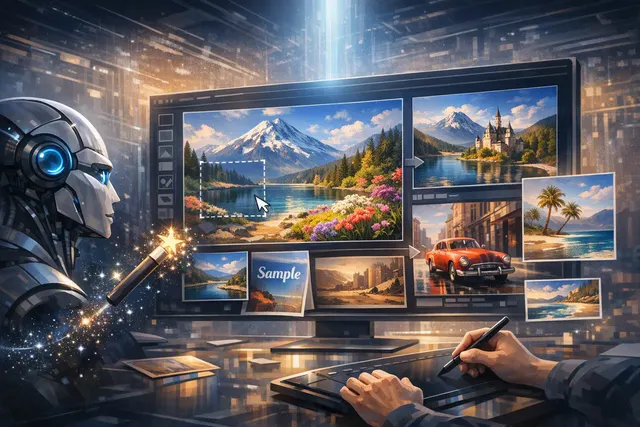 Conceptual illustration of xAI's Imagine Image 2.0 image generation and editing interface on a device screen, with icons representing Magic Wand, background removal, and multi-refe