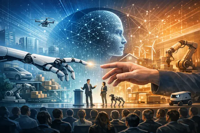 Illustration representing TechCrunch Disrupt 2026's Real World AI Stage, showing robots, autonomous vehicles, and AI systems operating in physical environments.