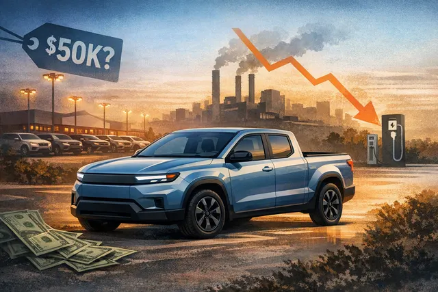 AI-generated rendering of the Ford Fathom compact electric pickup truck, shown in a modern urban setting.
