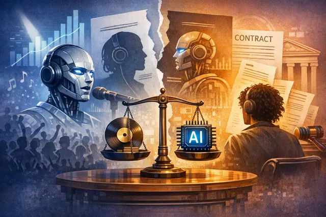 Abstract illustration of a vinyl record with glowing AI circuitry patterns, representing the conflict between human artistry and artificial intelligence in the music industry.