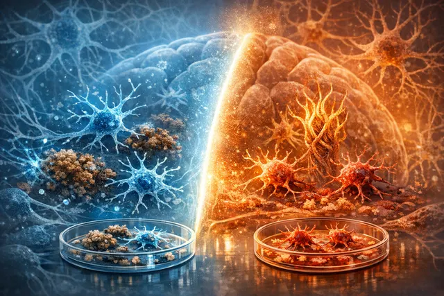 Illustration of microglia cells transitioning between protective and harmful states at the critical tipping point in Alzheimer's disease progression