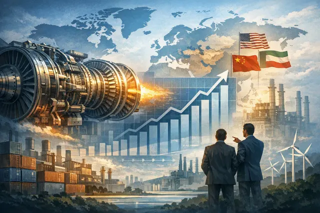 An illustration of a large industrial gas turbine set against a glowing data center and electrical grid backdrop, symbolizing AI-driven power demand.