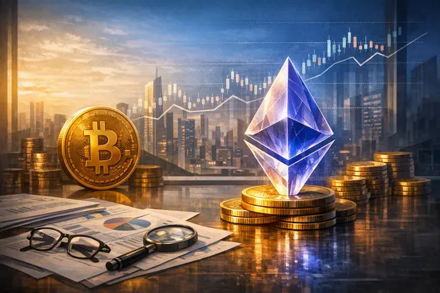Editorial illustration of Ethereum and Bitcoin market momentum representing Arthur Hayes's crypto portfolio view