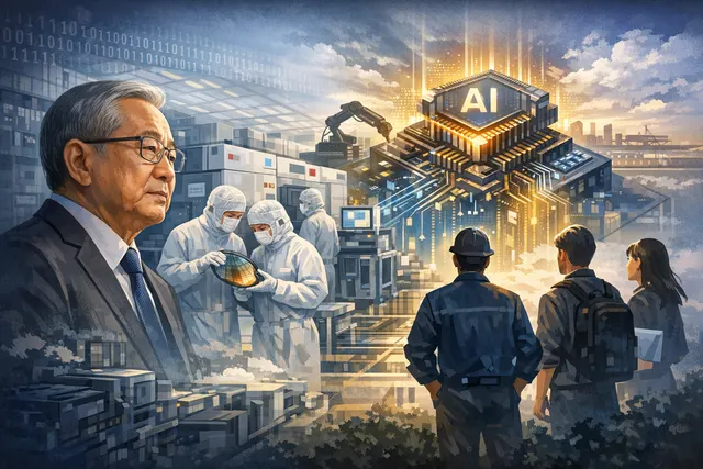 TSMC CEO C.C. Wei stands before a stylized microchip landscape, symbolizing his ranking of talent shortages ahead of water, land, and electricity constraints.