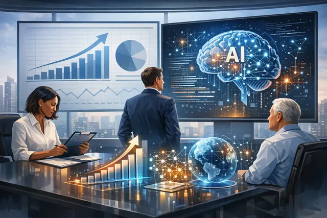 Abstract visual showing financial data charts and glowing AI circuit patterns merging, representing asset managers' use of artificial intelligence in investment operations