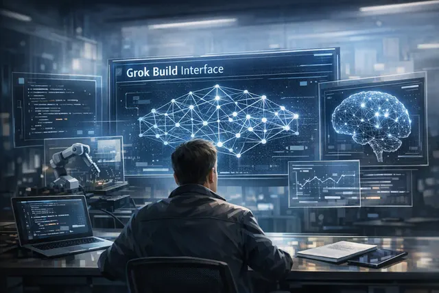 Editorial illustration of Grok 4.6 as a coding and AI agent model