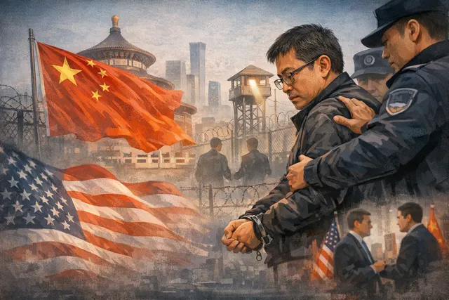 Illustration showing a silhouette of a scholar behind bars with the U.S. and Chinese flags in the background, symbolizing the arrest of U.S. scholar Min Zin in China on espionage c