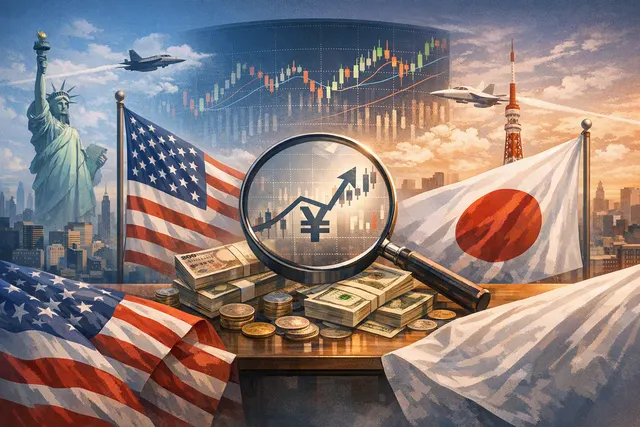 American and Japanese flags with financial charts and yen and dollar symbols in the background, representing the coordinated currency intervention.