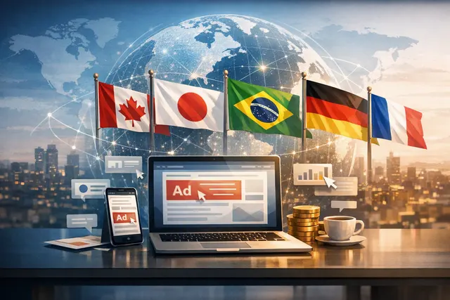 Conceptual illustration of ChatGPT advertising expanding globally with sponsored placements appearing below AI responses