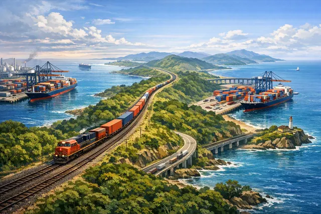 Editorial illustration of Mexico’s Interoceanic Corridor rail route linking Pacific and Gulf ports as a dry-canal alternative to the Panama Canal
