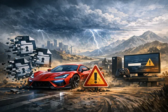Forza Horizon 6 save-wiping bug concept, showing a digital car collection dissolving against a road backdrop.