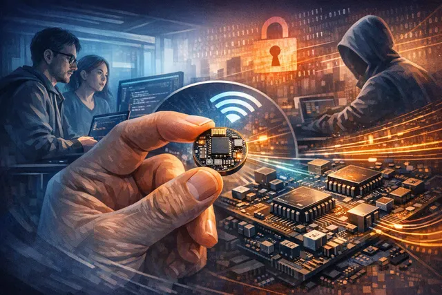 An abstract illustration depicting a small coin-sized hacking device connected to an aircraft's avionics system, with glowing data lines representing compromised flight controls.