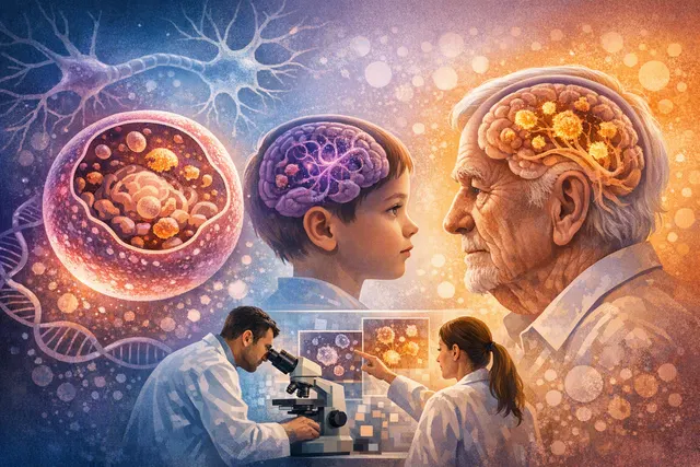 An artistic illustration of a microglial cell in the brain, with glowing lysosomes and a representation of the MITF/TFE genetic switch, symbolizing the shared cellular mechanism di