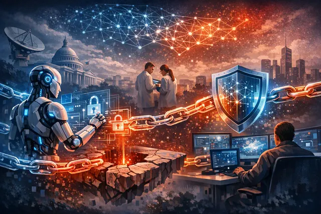 Abstract visualization of interconnected AI agents analyzing software vulnerabilities and protecting a digital network