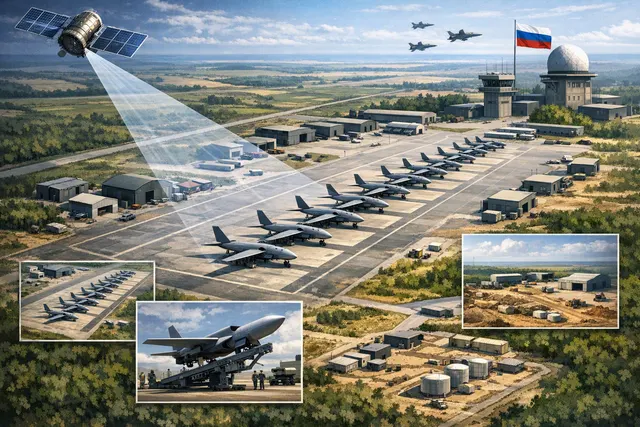 Satellite image representation of Russia's Tsymbulova drone base showing launch pads and infrastructure for jet-powered Geran-4 and Geran-5 attack drones