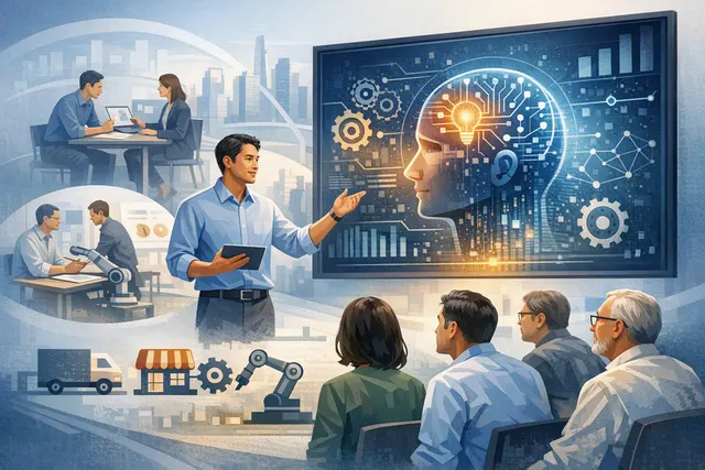 Illustration of Singapore SME teams planning and testing artificial intelligence use cases