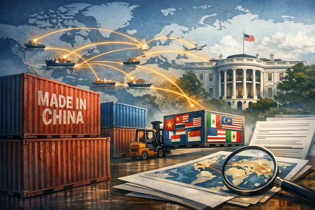 A conceptual map showing goods routes from China through intermediary countries to the United States with arrows indicating evasion of tariff barriers, representing the Great Trans