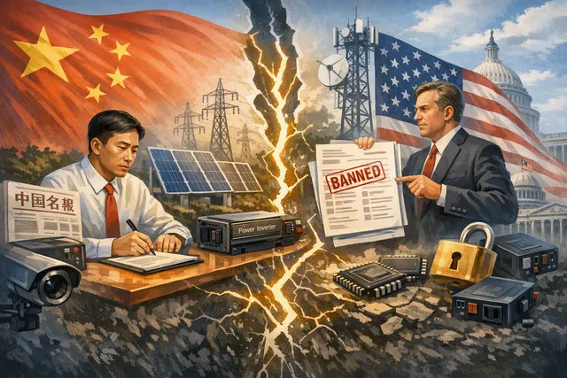 A conceptual image representing the FCC's ban on Chinese humanoid robots and power inverters, set against a backdrop of US-China trade tensions