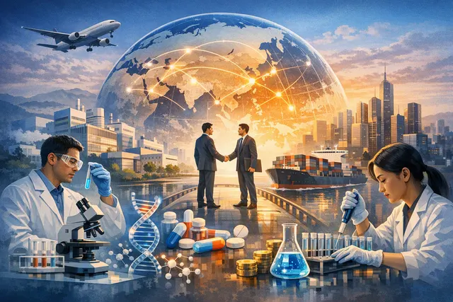 Editorial illustration of Chinese pharmaceutical innovation expanding into global markets