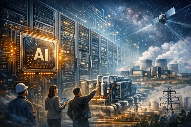 AI-generated conceptual image of a futuristic AI data center with high-voltage power infrastructure, glowing server racks, and electrical grid connections representing the 800 VDC