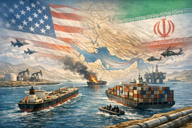 A map of the Middle East highlighting key maritime chokepoints: Strait of Hormuz, Bab al-Mandeb, and the Suez Canal, with ship silhouettes and energy symbols indicating blocked tra