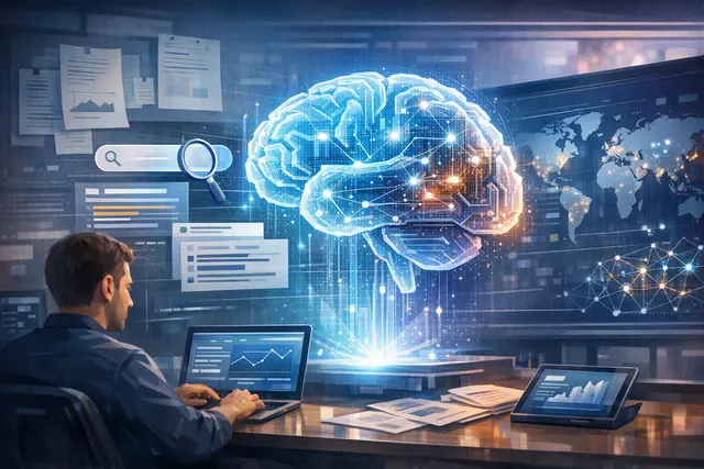 Abstract editorial illustration of AI-powered search advertising expanding query reach and automated bidding controls