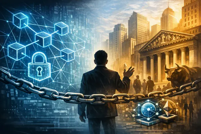 Abstract illustration of interconnected blockchain networks with a central open chain (Ethereum) linked to side chains, representing the debate between public and private blockchai