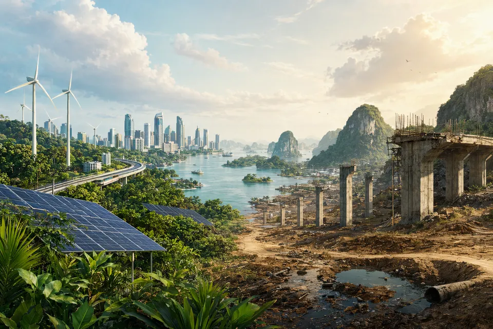 Illustration of Southeast Asia’s renewable energy infrastructure and grid bottlenecks affecting green investment deployment