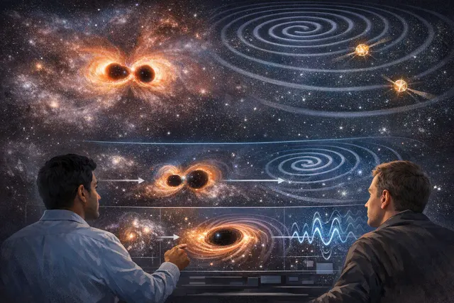 Artist’s concept of a dark-matter-powered Dark Star collapsing into a massive black-hole seed while pulsar timing arrays detect gravitational waves from later black-hole mergers