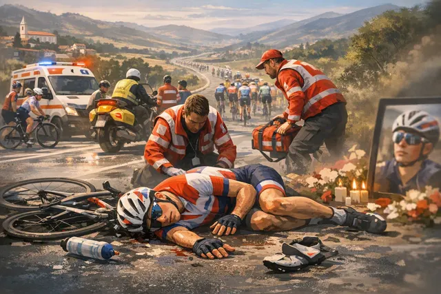 AI-generated editorial hero image of a cyclist in motion against a dramatic sky, representing the tragic death of Finlay Tarling at the 2026 Volta a Portugal