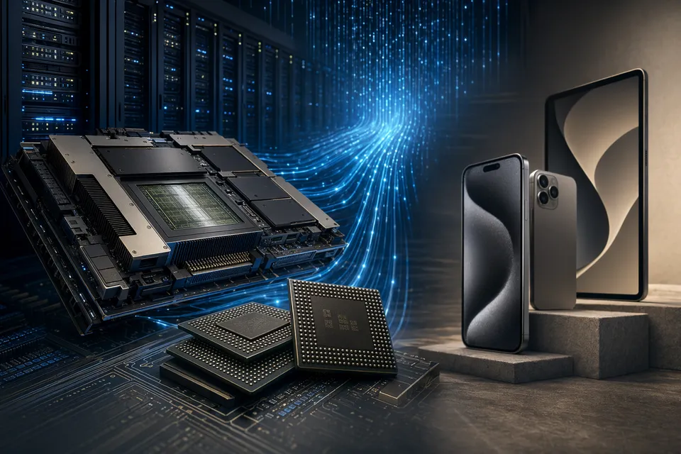 Illustration of Nvidia AI data center servers driving massive LPDDR memory demand