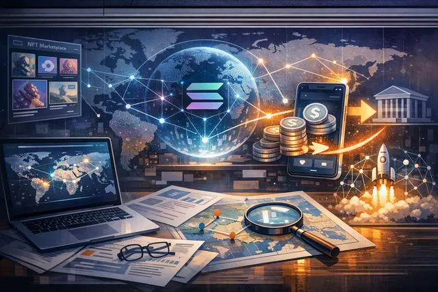 Abstract illustration of a cash-to-crypto bridge connecting physical currency with digital blockchain networks, representing MoneyGram Ramps on Solana.