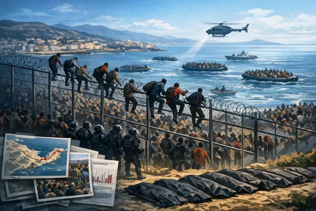What are the key facts about the May 2026 mass border incursion in Ceuta — including the estimated number of migrants who crossed, the death