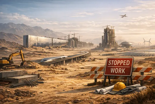 Illustration of NEOM’s futuristic linear city concept fading into unfinished desert construction