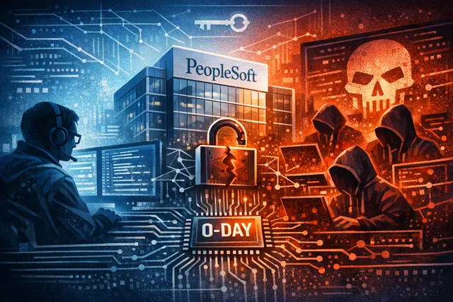Digital illustration of a hacker exploiting a vulnerability in Oracle PeopleSoft software, with university buildings in the background representing the education sector breach