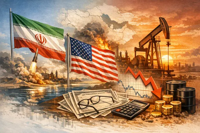 Editorial illustration of oil markets, government bonds and global financial volatility during the US-Iran ceasefire crisis