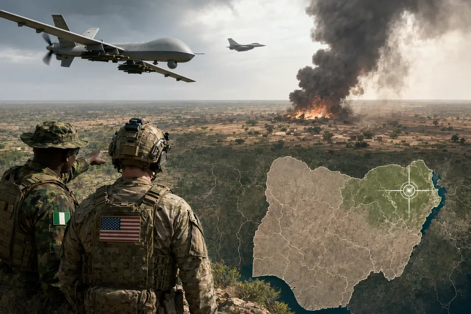 Illustration representing joint U.S. and Nigerian airstrikes targeting ISIS militants in northeastern Nigeria