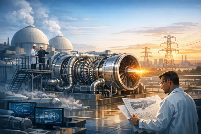 Concept illustration of a compact nuclear reactor integrated with a high-temperature gas turbine, representing Nuclear Turbines' approach to cheaper nuclear power.