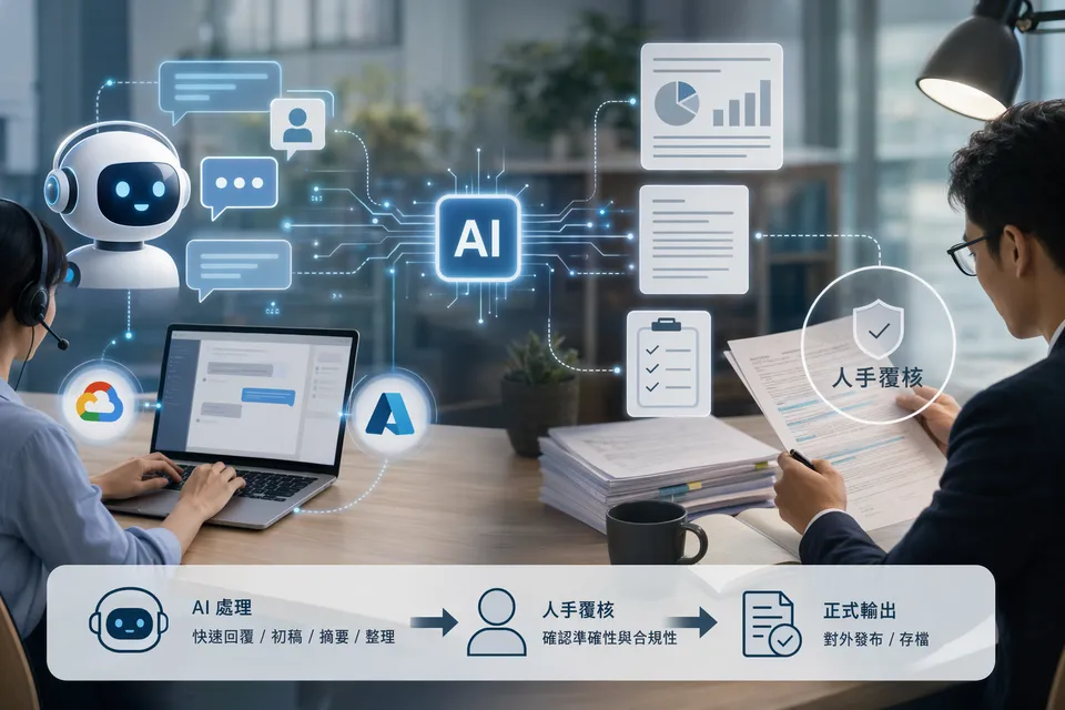 AI 輔助客服、報表和文書工作的辦公場景插畫