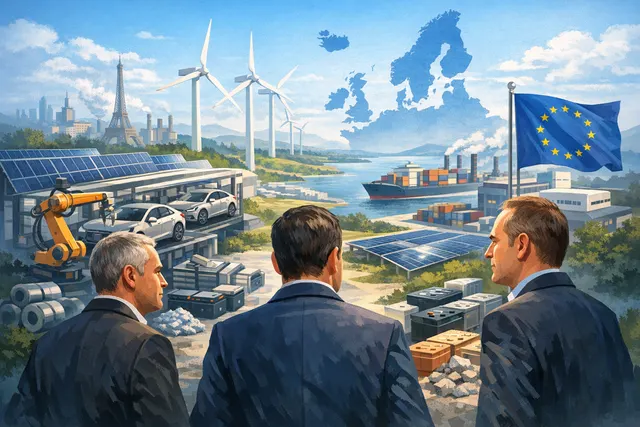 Volkswagen, Stellantis, and Renault logos on a stylized European Union industrial backdrop with a factory and battery cell graphic.