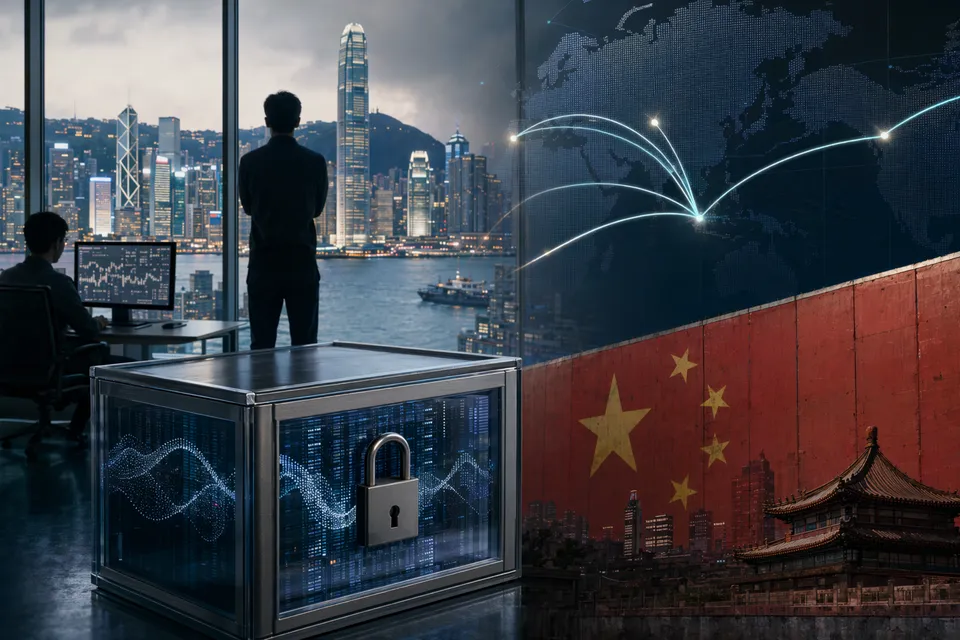 Illustration representing financial firms relocating quantitative research roles from Hong Kong amid data security concerns