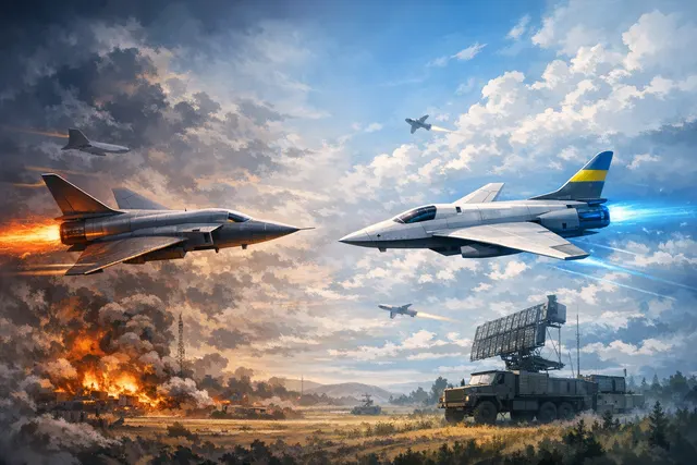 A futuristic drone interceptor racing through a night sky, symbolizing the high-speed technological race between Ukraine and Russia in aerial drone warfare.