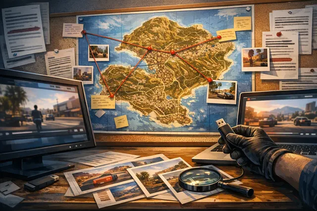 Editorial illustration representing the alleged Cyberleek GTA 6 gameplay leak, leaked Leonida map and Rockstar copyright takedowns